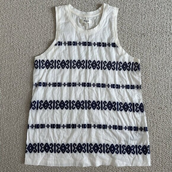 Madewell Tank Top Embroidered Size XS Cream Navy Blue Cotton Boho Aztec - Picture 5 of 9